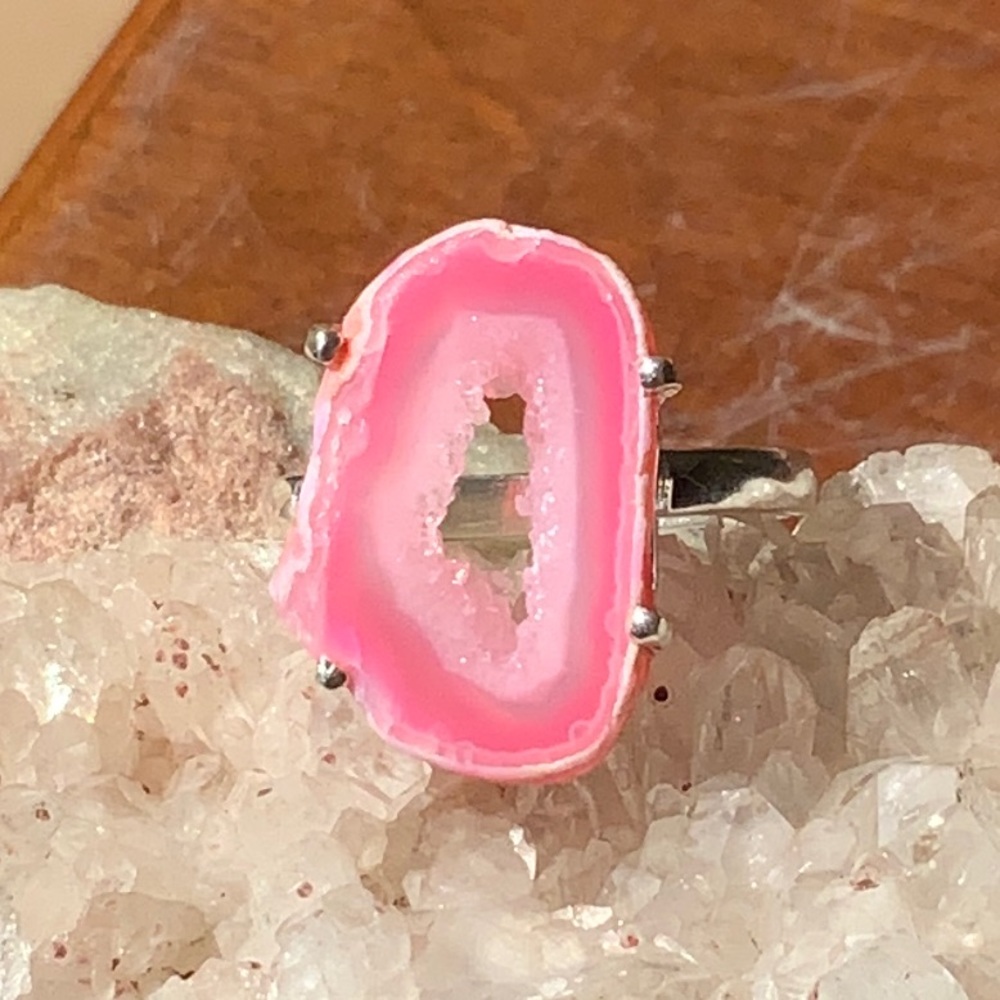 FLEECE PINK GEODE DRUZY 925 STERLING SILVER RING, SIZE 10